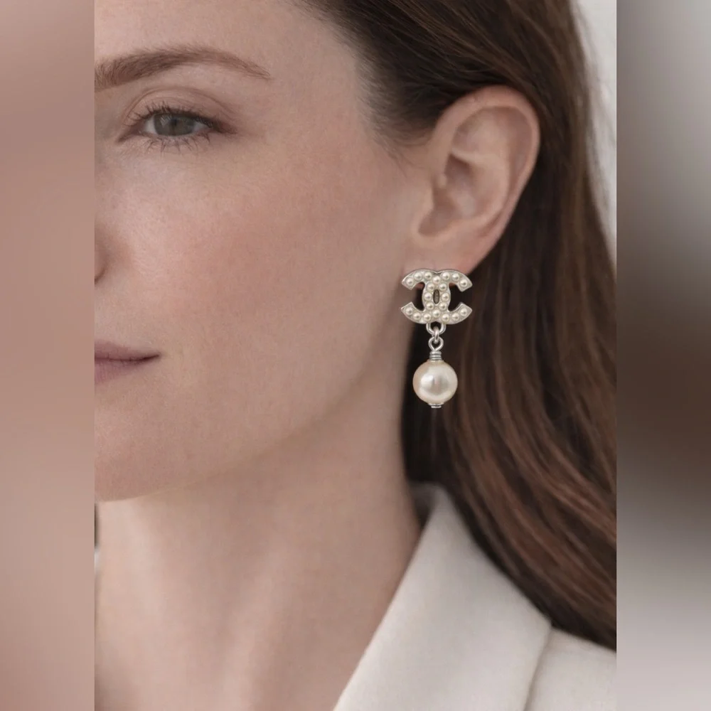 CHANEL Pearl Drop CC Silver and Pearl Earrings